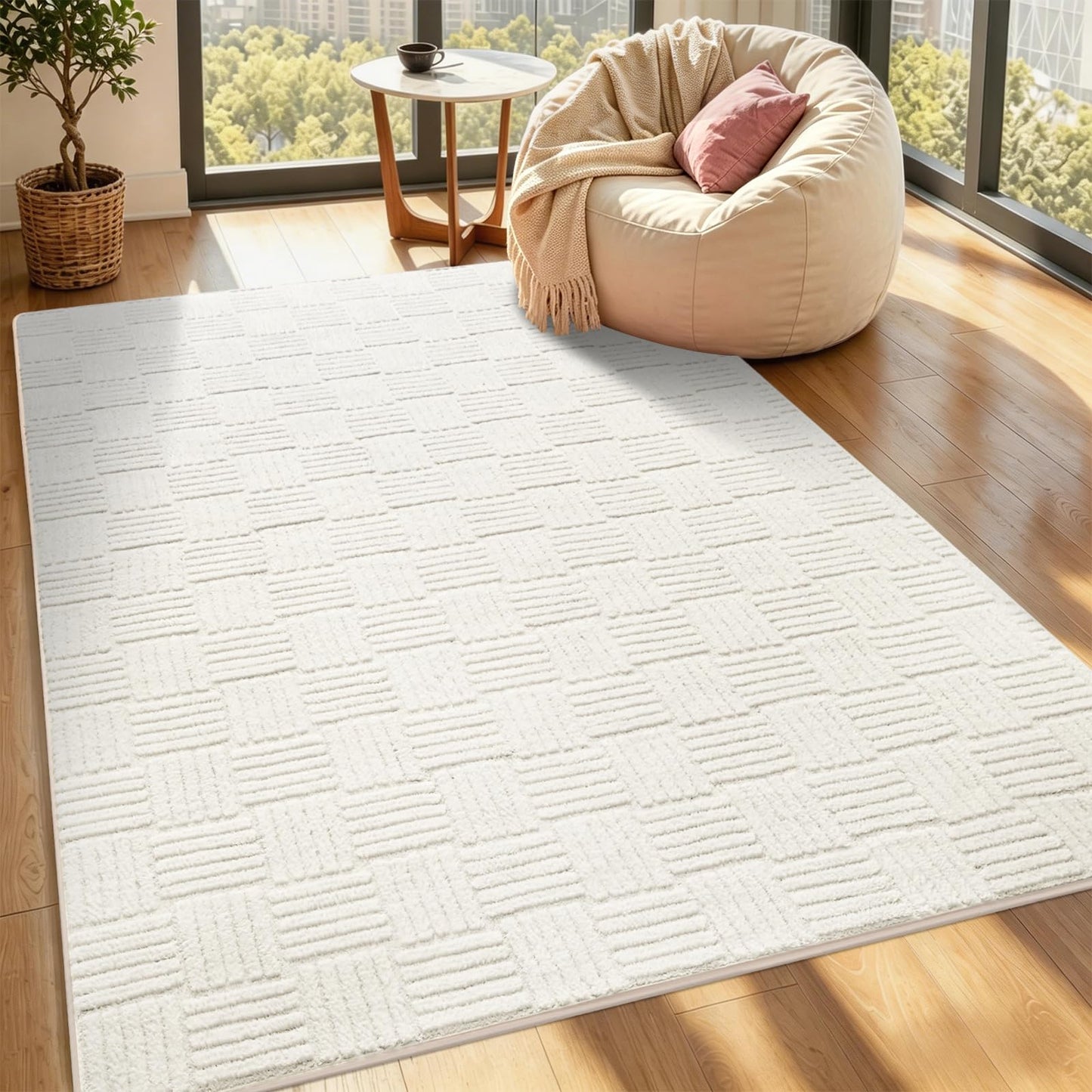 Flagover 3x5 White Washable Shag Area Rug for Girls Bedroom, Modern Geometric Non Slip Living Room Rugs, Soft Carpet for Kids Room, Dorm, Office, Bedside, Entryway and Home Decor