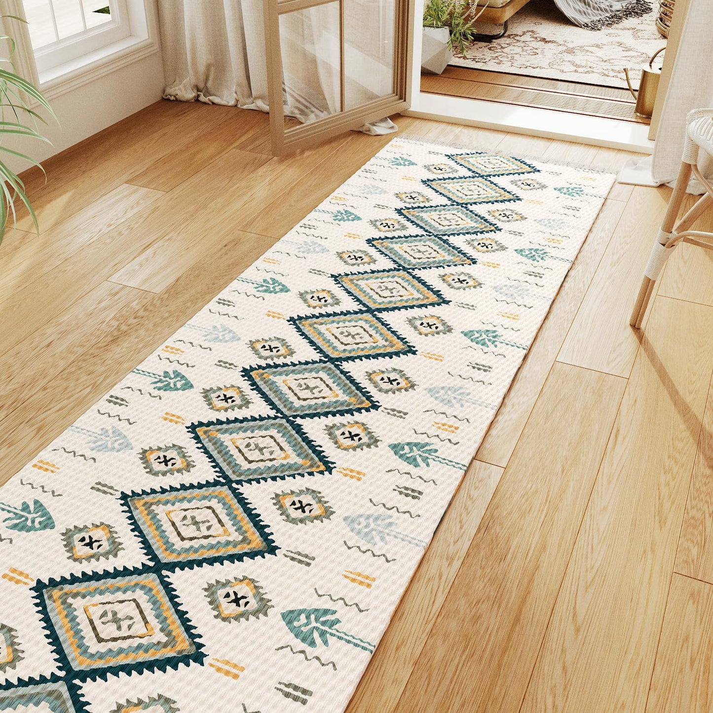 H.VERSAILTEX Handwoven 2x5 ft Boho Runner Rug with Tassels - Low Pile Easy Clean Washable Entryway Rug, Non-Slip Kitchen Runner for Hallway, Laundry Room, Corridor - Floor Mat(Blue/Tan)
