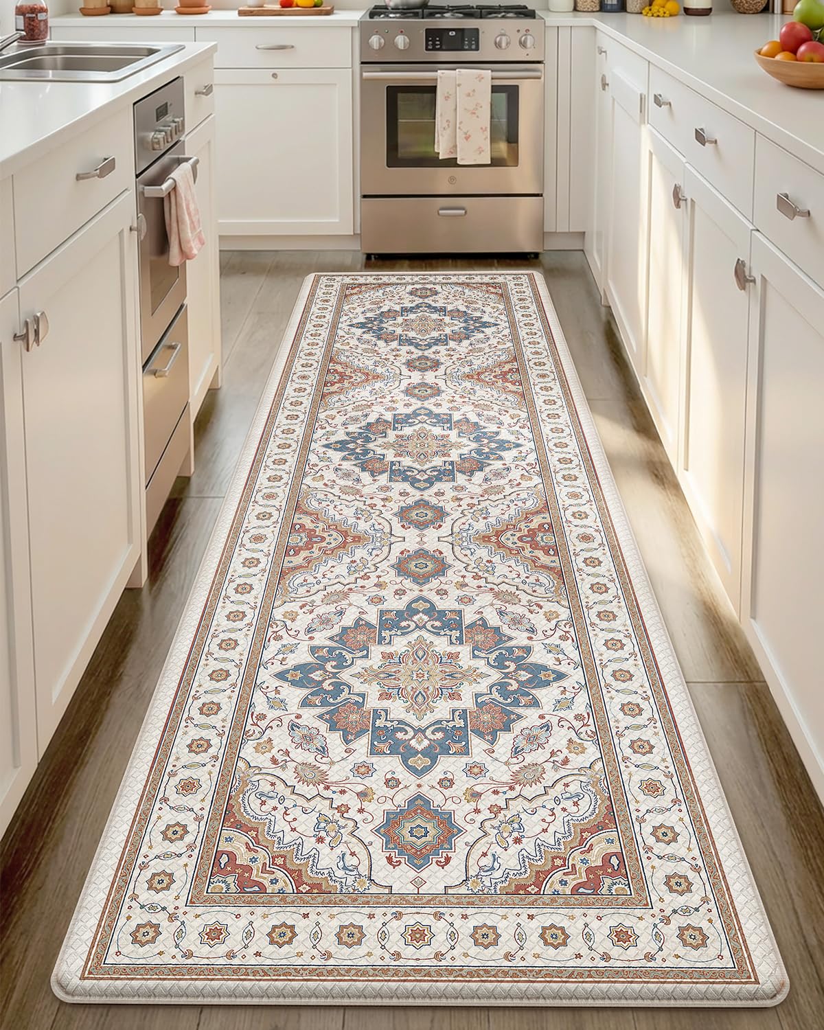 Color&Geometry Anti Fatigue Kitchen Floor Mats, Cushioned Boho Rugs,Waterproof Non Slip Kitchen Runner for Sink, Standing Mats for Office,24"x87",Oatmeal