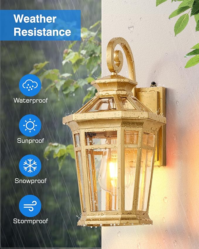 Outdoor Wall Lights Wall Mount, 2-Pack Dusk to Dawn Front Porch Light, Gold Modern Exterior Wall Sconce, Exterior Garage Lighting Fixtures, Weather Resistant Coach Lanterns Outdoor, Anti-Rust