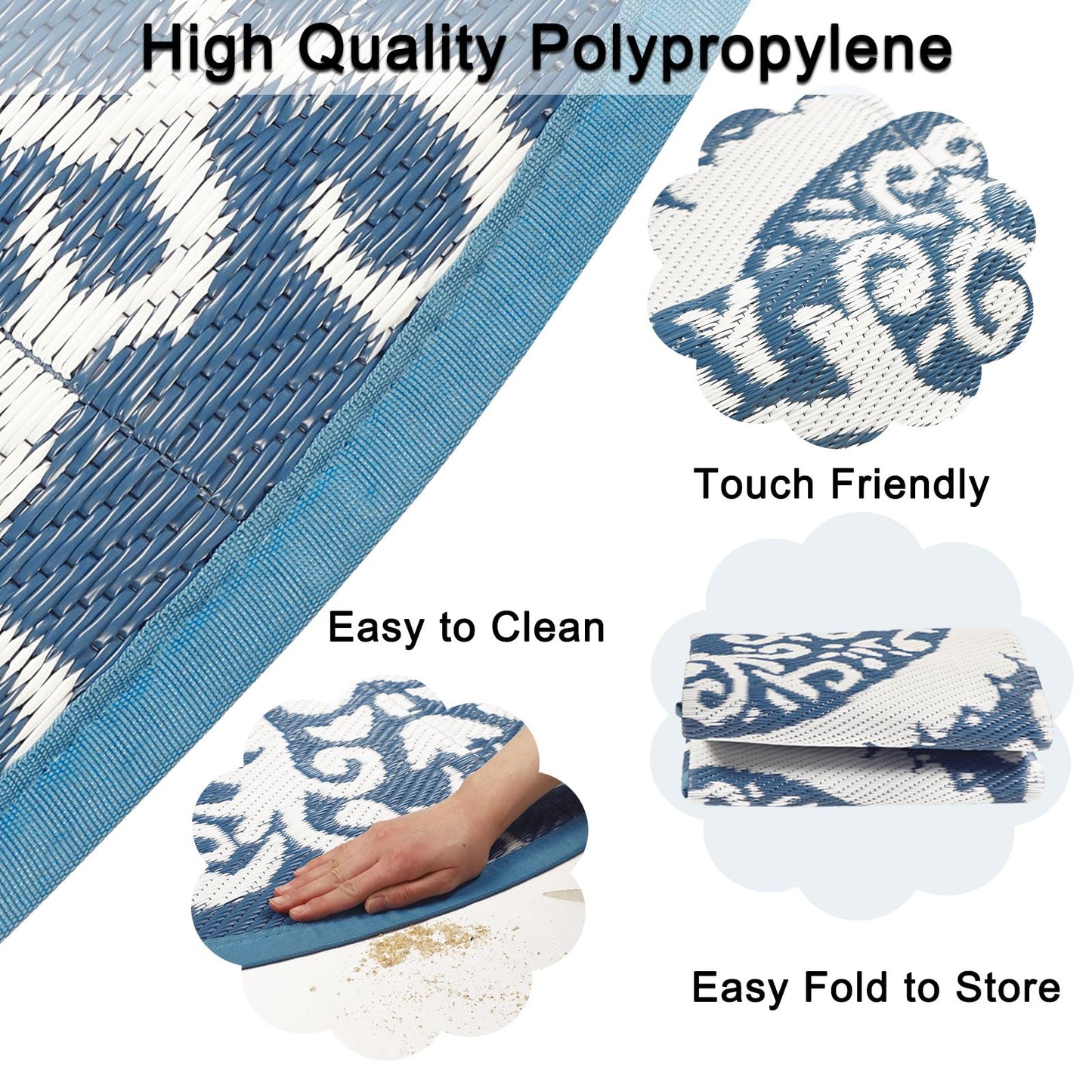 Homcomoda Round Outdoor Rugs 8ft Blue Patio Rugs Clearance Reversible Plastic Straw Rugs Waterproof Lightweight Outdoor Rugs Portable RV Camping Mat for Outdoor Porch Deck BBQ Backyard
