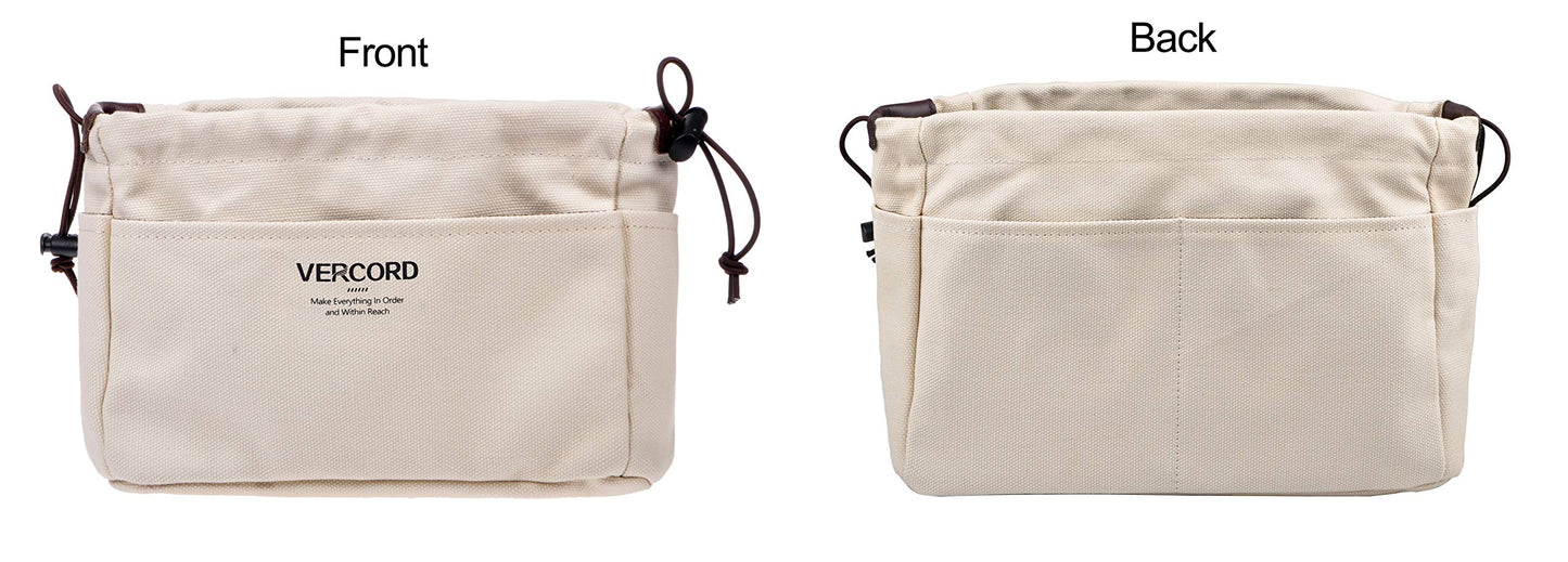 Vercord Canvas Handbag Organizers, Sturdy Purse Insert Organizer Bag in Bag, 10 Pockets Beige Small
