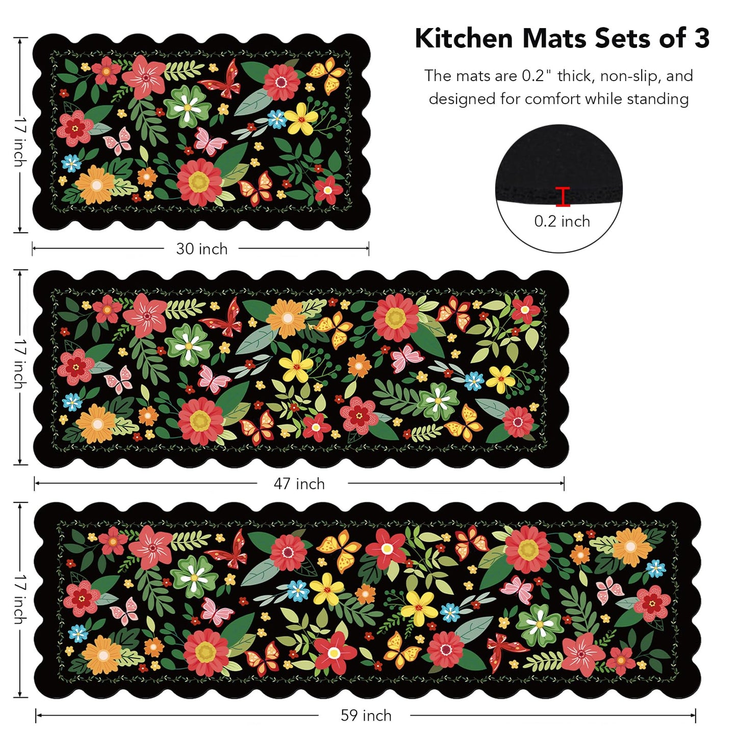 Black Kitchen Mats for Floor 3 Piece Set, Floral Scalloped Kitchen Rugs and Mats Set, Soft Cushioned No-Slip Resistant Kitchen Mats for Floor, Washable Runner Rug for Kitchen Sink, Laundry, Office