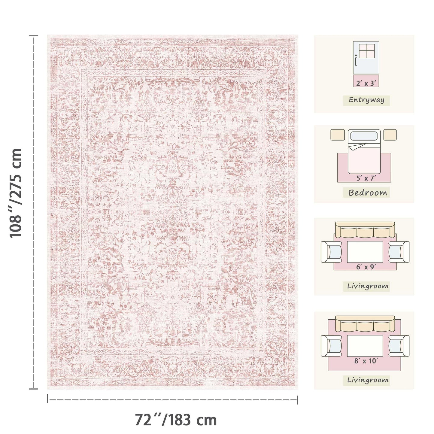 OHWPEAT Washable Pink Rug for Girls Bedroom, 6x9 Area Rugs for Living Room, Non Slip Low Pile Large Indoor Carpet, Soft Cute Rug for Kids Nursery, Kitchen, Dining, Classroom, Playroom, Dorm, Office