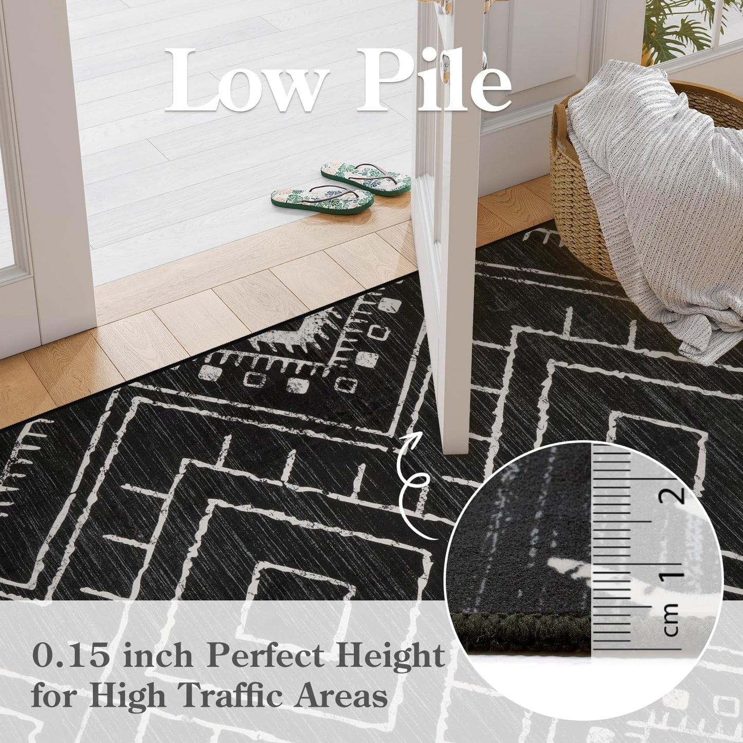 LIVEBOX Moroccan 8x10 Area Rug, Black Washable Rugs for Living Room Bedroom, Non Slip Western Tribal Rug Low Pile Geometric Large Area Rugs Diamond Carpet for Dining Room Home Office Decor Playroom