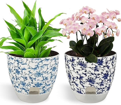 Print Flowerpots Round Plant Pots - 2 Pack Outdoor Garden Planter Plastic Indoor Modern Decorative Succulent Houseplant Pot with Drainage 5FP-BLUWHT