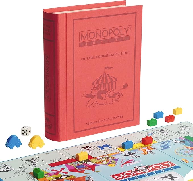 WS Game Company Monopoly Junior Vintage Bookshelf Edition: Linen Fabric-Wrapped Book Case — Classic Monopoly Jr. Board Game for Family Game Night (2-4 Players Ages 5+)