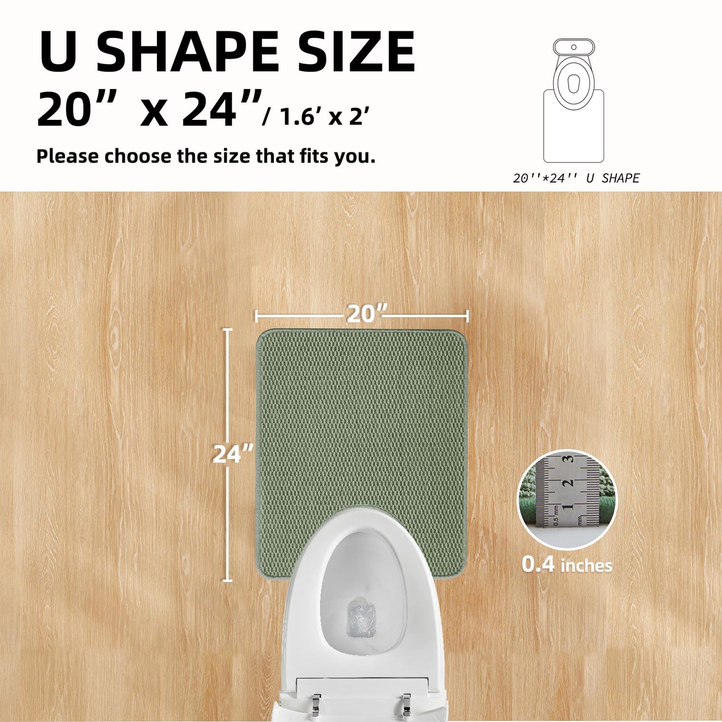 TYUU Toilet Rug, Thin Toilet Rugs U Shaped Washable Non Slip Absorbent Quick Dry Low Pile Toilet Mat, Sage Green 20"x24" U Shape
