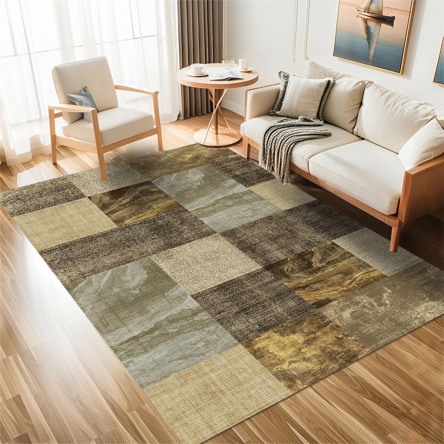 3×5 Washable Modern Checkered Abstract Area Rugs,Non-Slip Backing with High Traffic Carpet for Bedroom,Living Room,Office,Dining Room and Farmhouse,Brown and Lt.Yellow