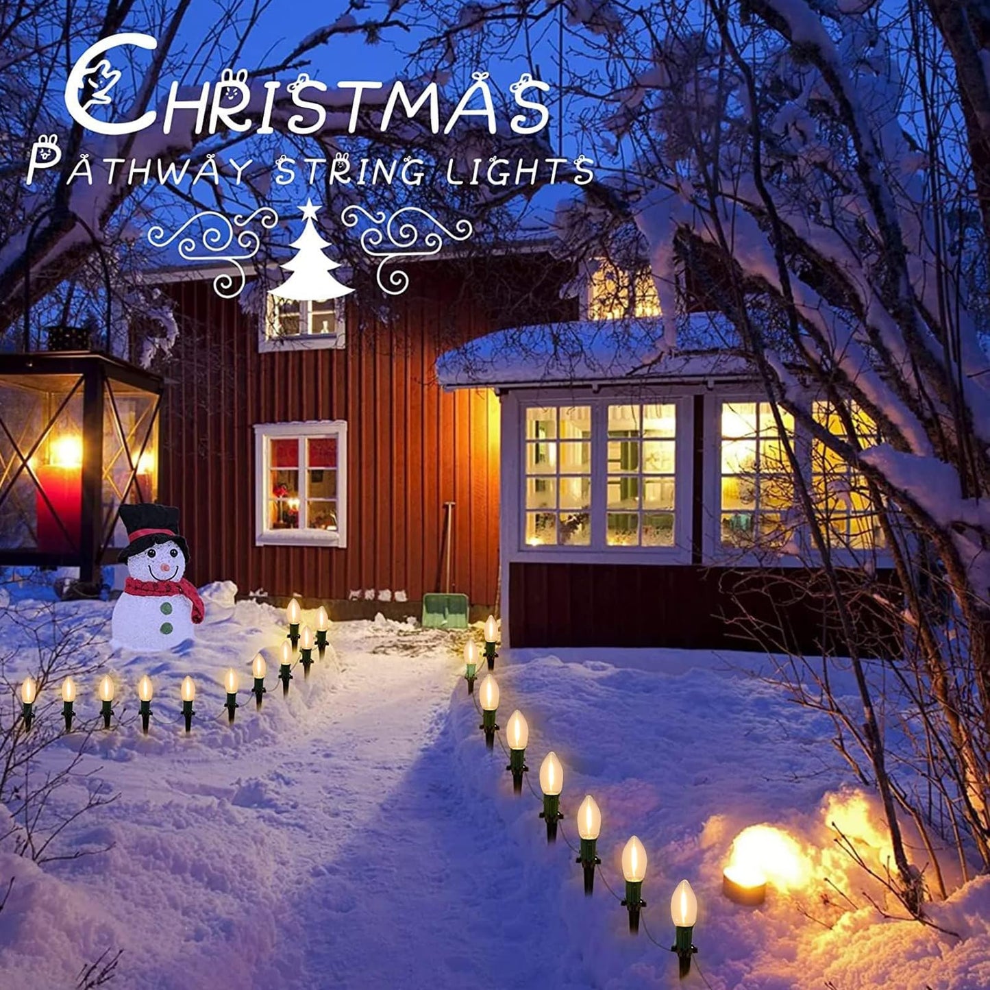 C9 Christmas Pathway Lights Outdoor 38Ft Connectable C9 LED Christmas String Lights with 25 LED Warm White Stakes Lights for Walkway Outdoor Yard Driveway Lawn Decorations