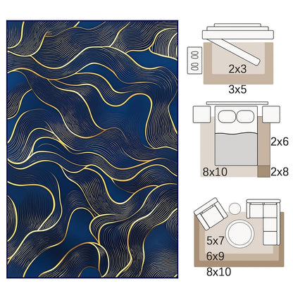 8x10 Area Rug Blue Gold Modern Rug for Living Room Indoor Machine Washable Abstract Rugs for Bedroom Ultra Soft Dining Room Large Carpet Non-Slip Non-Shedding Throw Rug for Home Office