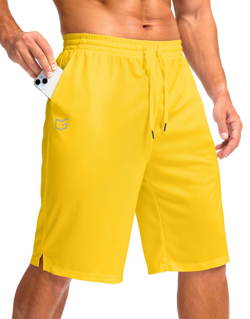G Gradual Men's Athletic Shorts with Pockets 9" / 11" Long Basketball Shorts Lightweight Quick Dry Gym Workout Shorts for Men(Yellow,L)
