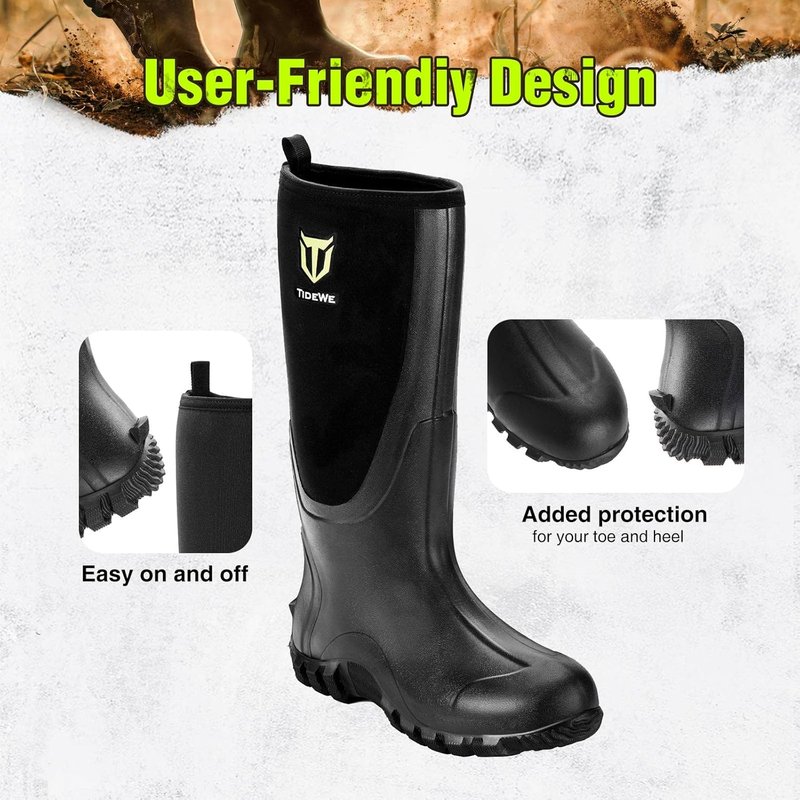 TIDEWE Waterproof Rubber Boots for Men - Multi-Season Outdoor Hunting | 6mm Neoprene, Steel Shank