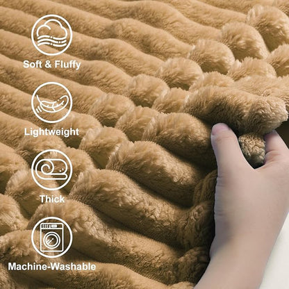 decorUhome Soft Fleece Brown Blanket Queen Size for Bed, Cozy Fluffy Plush Flannel Large Striped Throws for Couch Sofa, Lightweight Decorative Fuzzy Blanket for Woman, 90x90 Inches