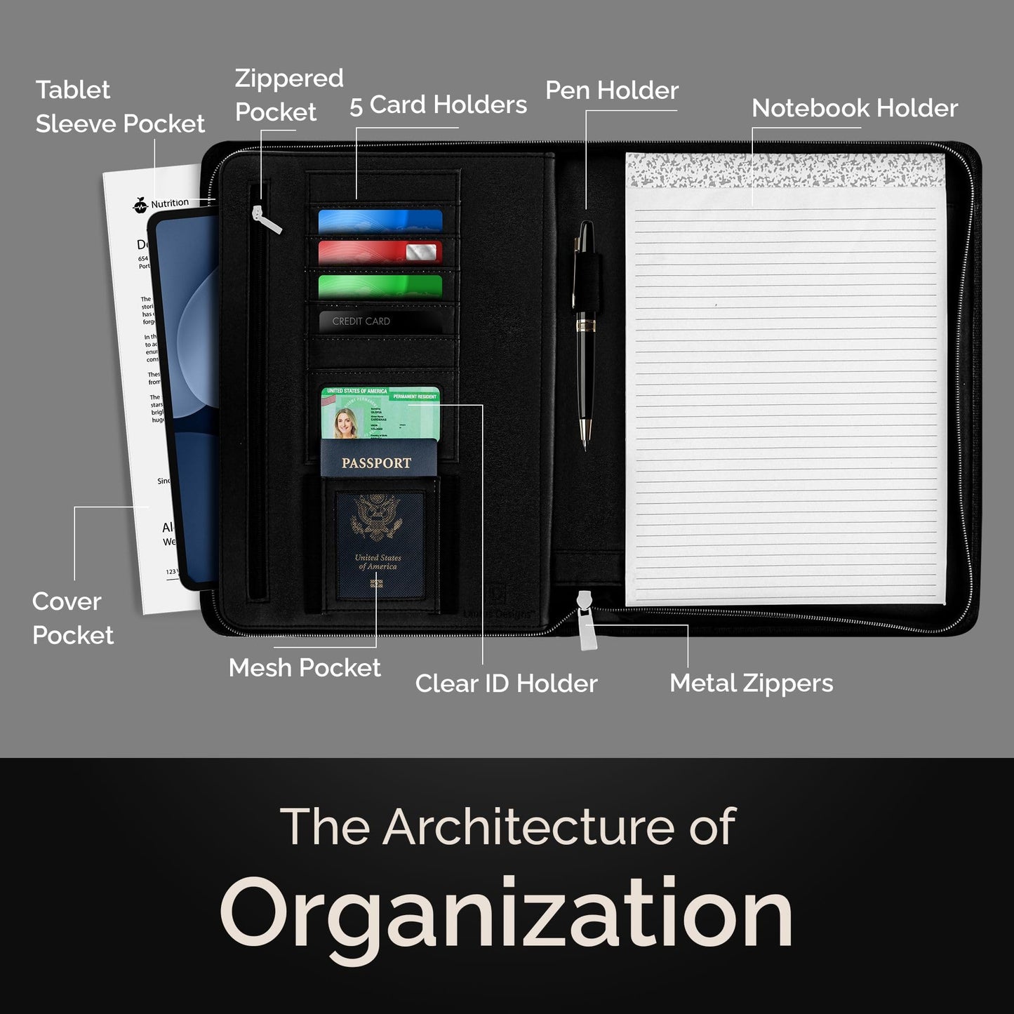 Lautus Designs Black Zippered Leather Portfolio - High Capacity 2-Inch Spine - Fits Surface Go & iPad Pro/Air 11 Inch - Professional Resume Padfolio