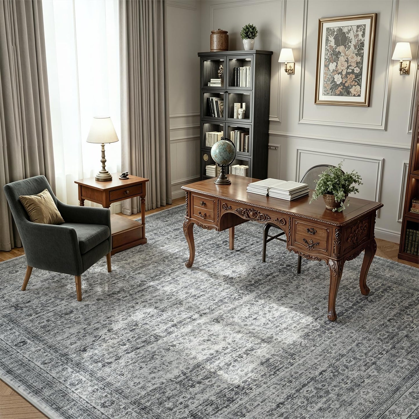 Vibrug Area Rug 6x9 Foggy Grey Vintage Washable Living Room Rugs Farmhouse Distressed Retro Floral Non-Slip Low Pile Stain Resistant Neutral Carpet for Office, Nursery, Lounge, Bedroom Foot of Bed