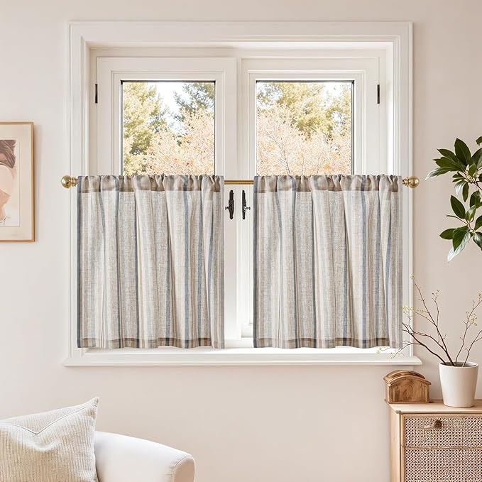 jinchan Colorful Striped Linen Kitchen Curtains 24 Inch Christmas Tier Curtains Farmhouse Modern Cafe Small Window Treatments Light Filtering Rod Pocket for Living Room Bathroom 2 Panels Multi Blue