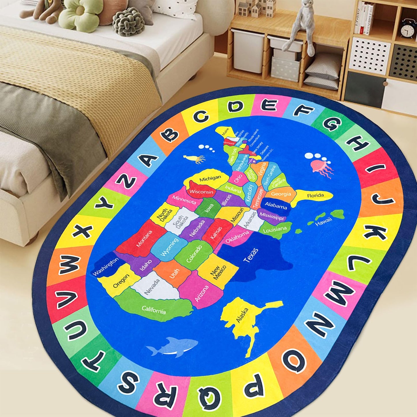 USTIDE Large Oval Kids Rug 6x9 Ft USA Map Area Rugs ABC Alphabet Educational & Fun Non-Slip Map Themed Play Mat for Bedroom Classroom Playroom