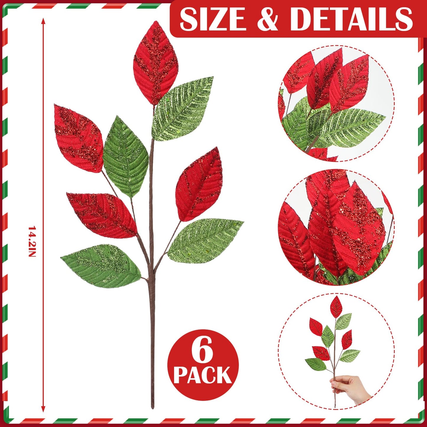 Chuangdi 6 Pcs Glitter Red Green Floral Picks Sprays Artificial Christmas Pick and Spray 14" Xmas Tree Topper Spray Christmas Leaf Stem for DIY Wreath Centerpieces Swag Garland Xmas Tree Decoration