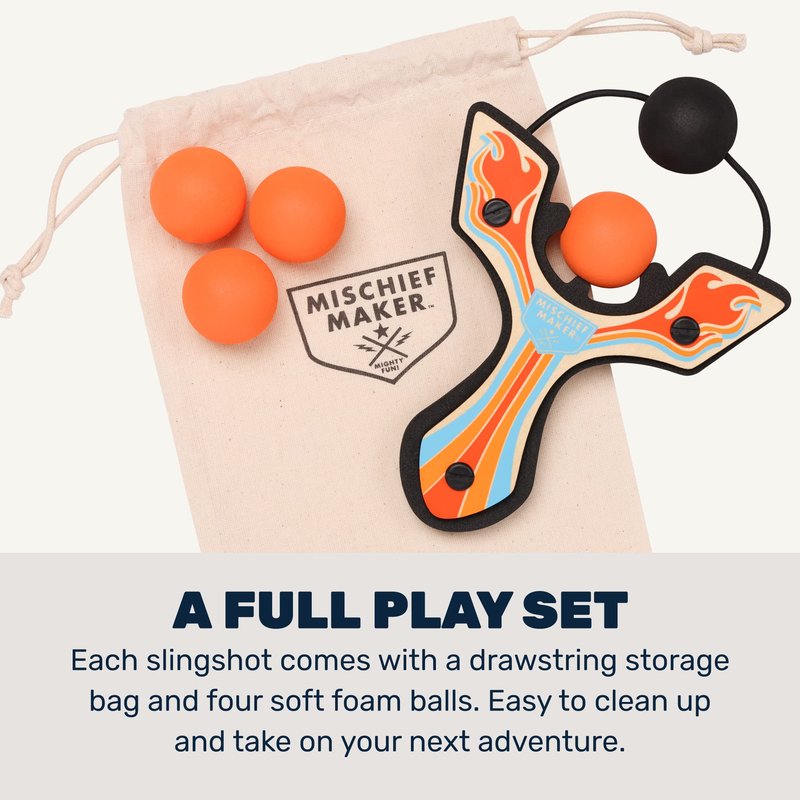 Mighty Fun! - Mischief Maker® Wooden Slingshot - Racing Series - Real Wood Slingshot for Kids, 4 Soft Foam Balls and Storage Bag - Ages 4+ (Orange)