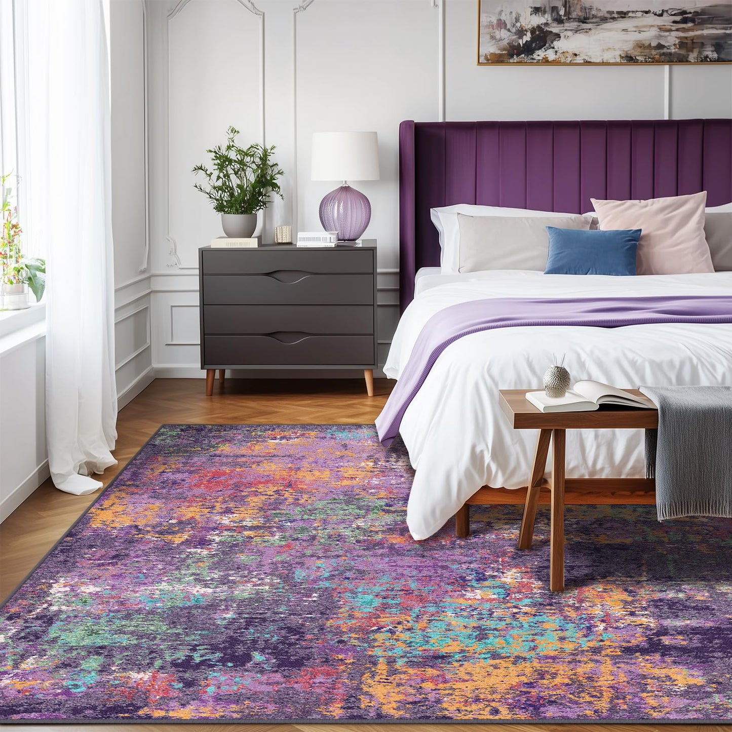 RELEANY Washable Area Rugs 5'x7' Non-Slip Modern Abstract Soft for Living Room Entryway Bedroom Kitchen, Print Pattern, Purple Orange Blue Green Rust Red Colorful