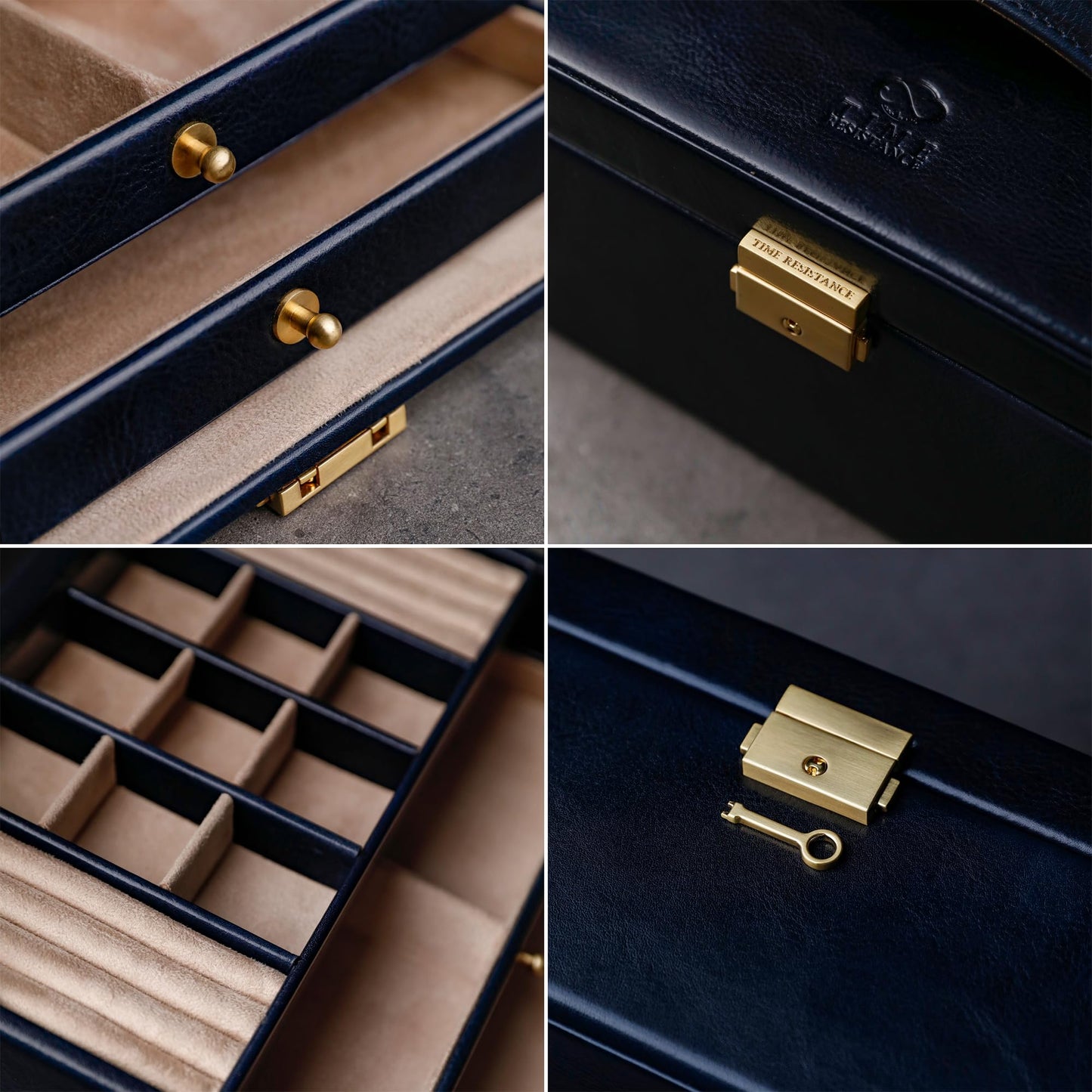 Time Resistance Jewelry Box - Full Grain Leather Jewellery Organizer - Accessories Storage - Key Lock Box for Women (Blue)