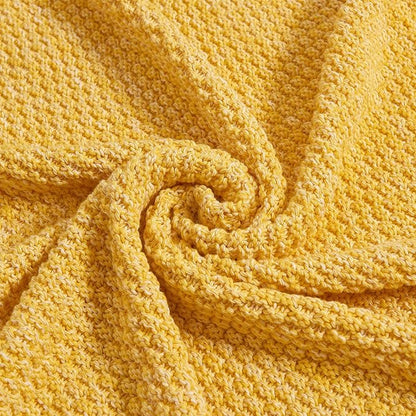 Longhui bedding Bright Yellow Knitted Throw Blanket for Couch, Soft, Cozy Machine Washable 100% Cotton Sofa Knit Blankets, Heavy 3.0lb Weight, 51 x 63 Inches, Yellow and White Color