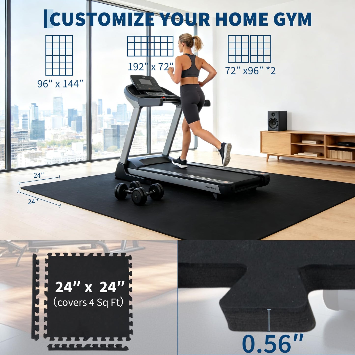 0.56" Thick Rubber Top Exercise Mat, Puzzle Gym Flooring for Home Gym,Heavy Duty Gym Mat for Workout Equipment, Interlocking Floor Tiles with EVA Foam, 12 Pcs 48 Sq ft, Black