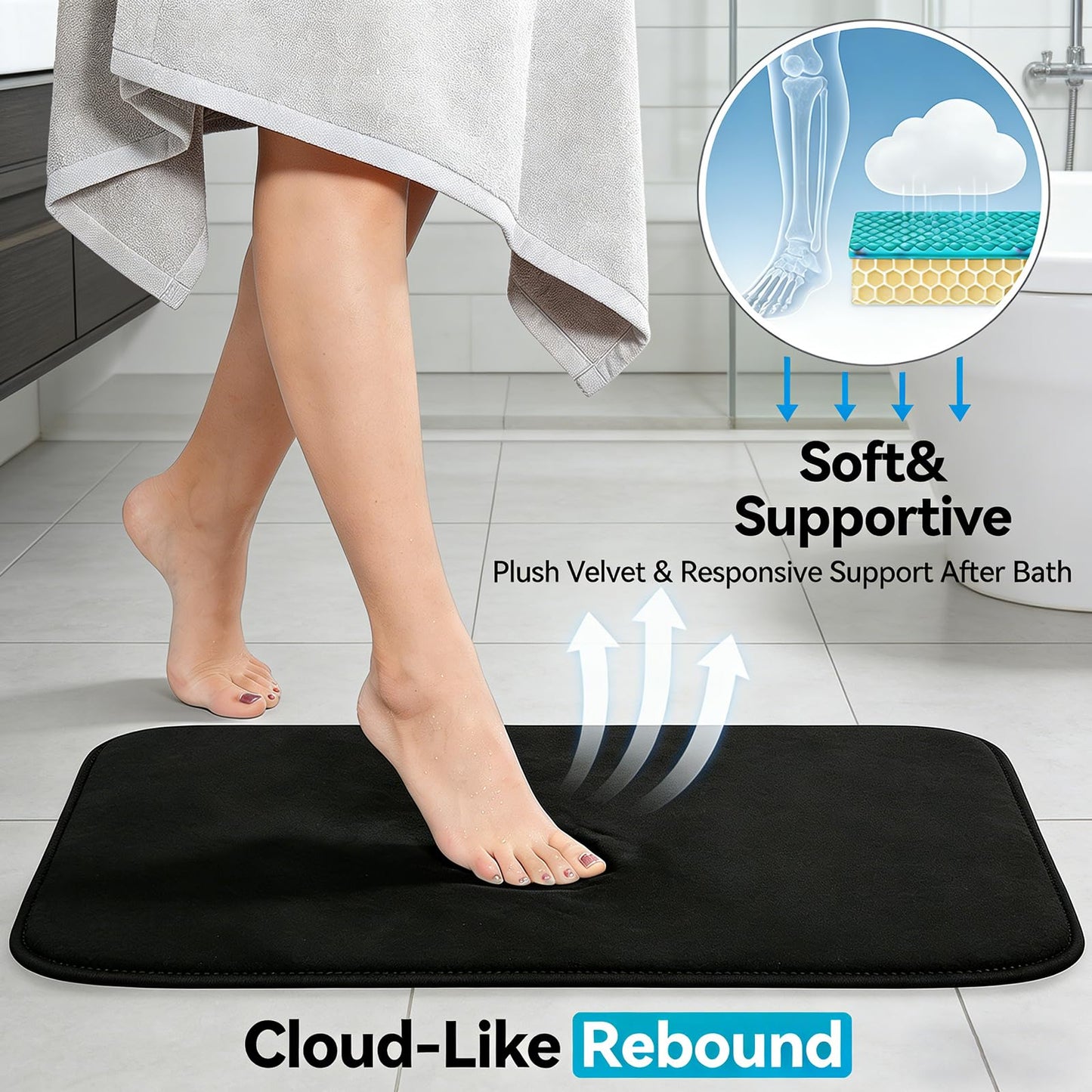 Black Bathroom Rug Set Memory Foam Bath Mats 3 Piece with Toilet Mats, Soft & Supportive, Shock Absorbing, Water Absorbent, Non-Slip Bath Rugs, Machine Washable, Area Rug, Home Decor Accessories