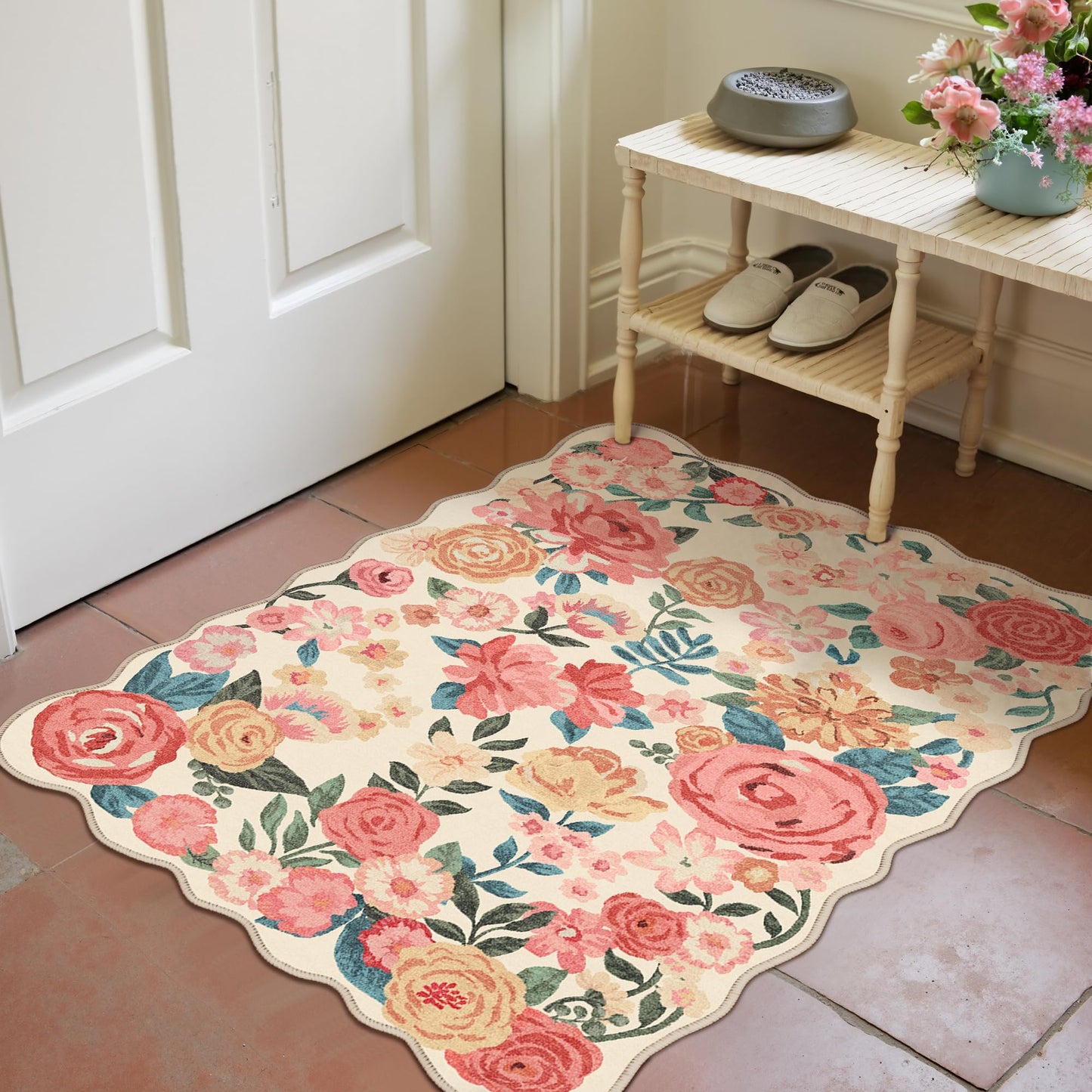 PureCozy Washable Floral Area Rug 2x3 Beige Small Entryway Carpet Scalloped Flower Non Slip Soft Entrance Door Mat Farmhouse Low Pile Indoor Thin Floor Cover for Bathroom Kitchen Bedroom Laundry Room