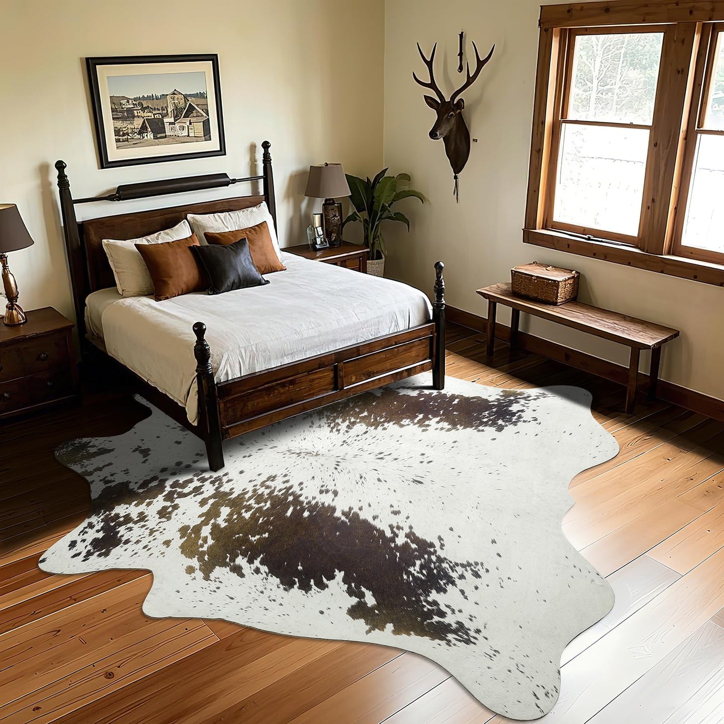B BENRON Western Cowhide Rug, Faux Cow Hide Rugs for Living Room Bedroom Home Decor, Non Slip Cute Rug with Irregular Animal Skins and Hides, Brown and White, 5.2 x 6.2ft