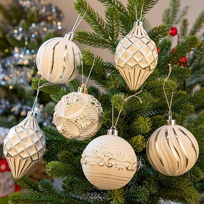 16PCS Shatterproof Christmas Ball Ornaments Set, Hand-Painted Holiday Decor with Assorted Sizes & Designs for Christmas Tree Thanksgiving Party Decoration, Champagne-White