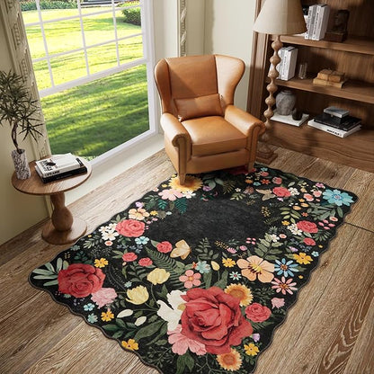 Washable Entryway Small Area Rugs: Door Mat Indoor Entrance 4x6 Floral Rug Ultra Thin Stain Resistant Non Slip Low Pile Lightweight Carpet for Bedroom, Kids Room, Farmhouse Decor (Black)