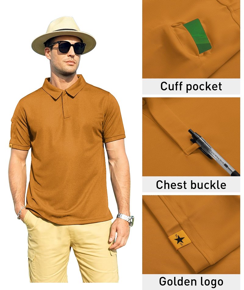 ZITY Mens Polo Shirt Short Sleeve Sports Tactical T-Shirt Athletic Golf Polos Daily Casual Stylish Collared Shirts for Men Light Orange Medium