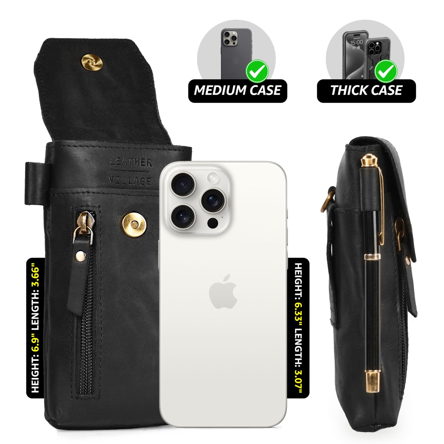 Leather Village Genuine Leather 7”x3.5” Phone Holster Pouch with Belt Clip, Magnetic Closure, ID Card Holder - Black Universal Case for iPhone, Samsung Galaxy, Google Pixel