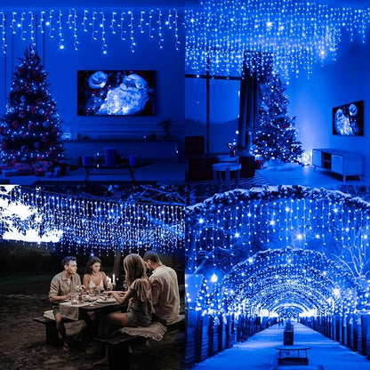 JXLEDAYY 65 FT 640 LED Christmas Lights Outdoor Decorations Clear Wire String Lights Plug in 120 Drops 8 Modes Memory Timer Connectable Curtain Fairy Lights Waterproof for Holiday Wedding Party-Blue