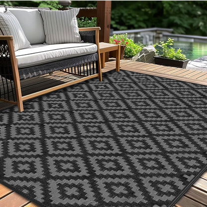 Outdoor Patio Plastic Straw Rug - 5x8 ft Outdoor Camping Rug Waterproof Reversible, Area Carpet Patios Clearance RV, Outside Porch Balcony Deck for Camper, Black & Grey