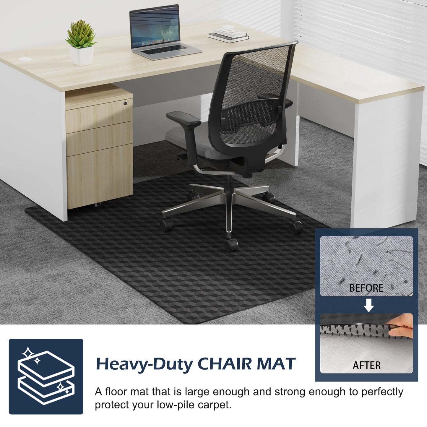 Chair Mat for Carpet, SALLOUS 46" x 60" Office Chair Mat for Carpeted Floors, Heavy Duty Vinyl Floor Mat with Grips, Carpeted Floor Protector Computer Desk Mat for Home Office (Black - 3D Geometric)