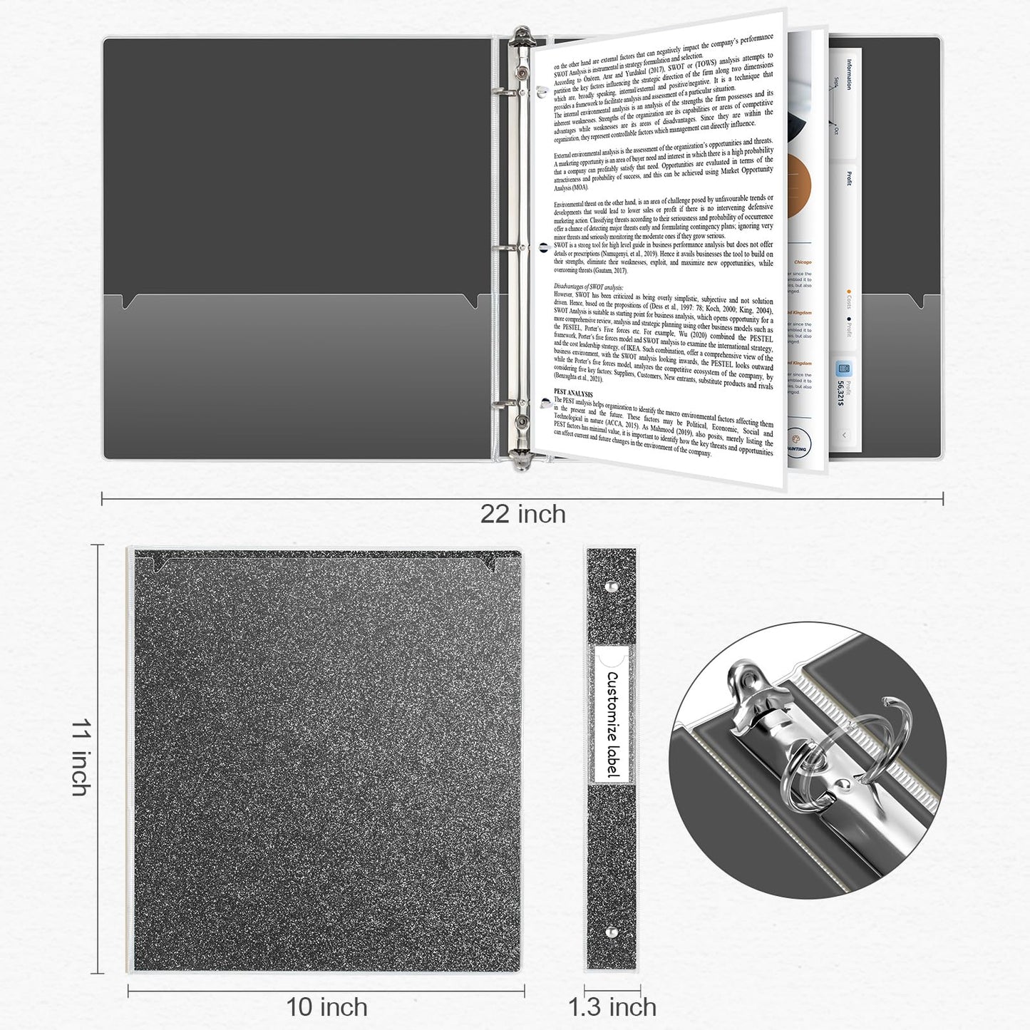 EYROZILL 3 Ring Binders 1 Inch Back to School Supplies Glitter Three Ring Binder to Hold 300 Sheets, Black