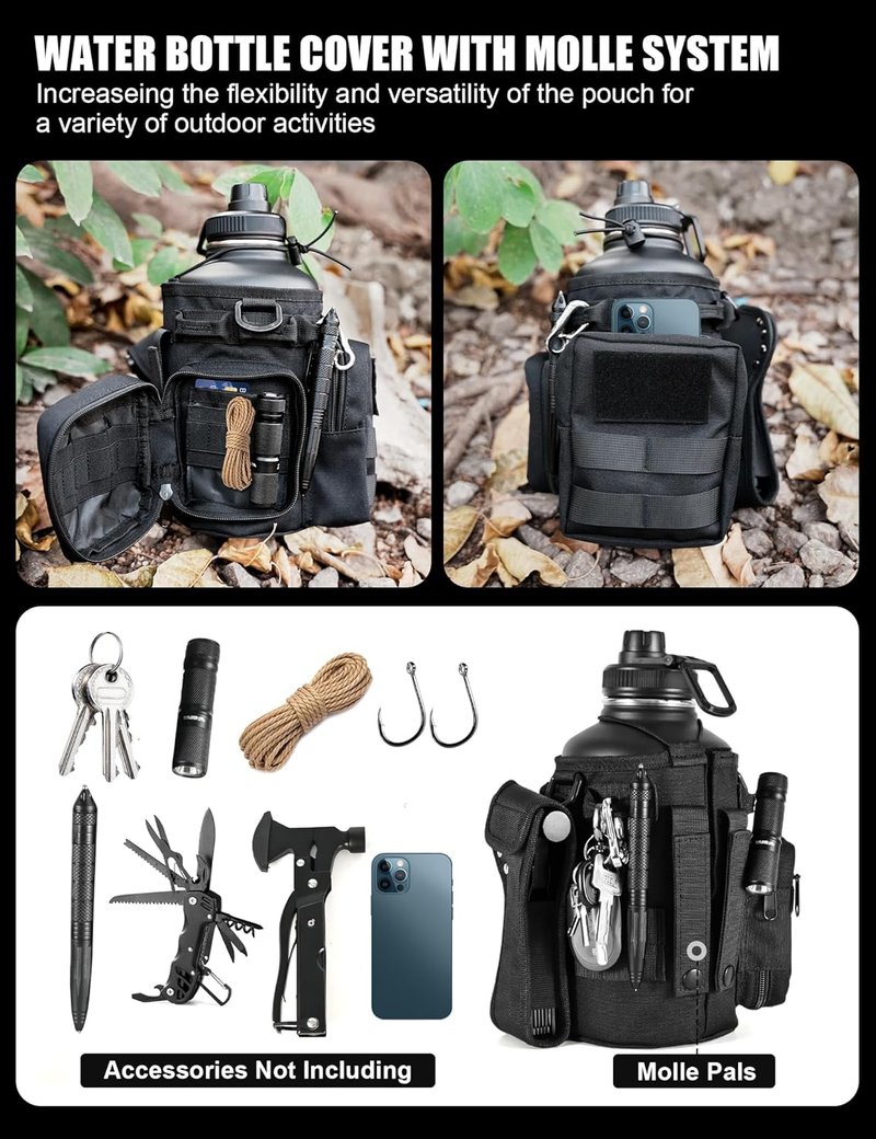 Tactical Half Gallon Water Bottle - 64 Oz Insulated Stainless Steel Jug with Molle Holder & 3 BPA-Free Lids | Black