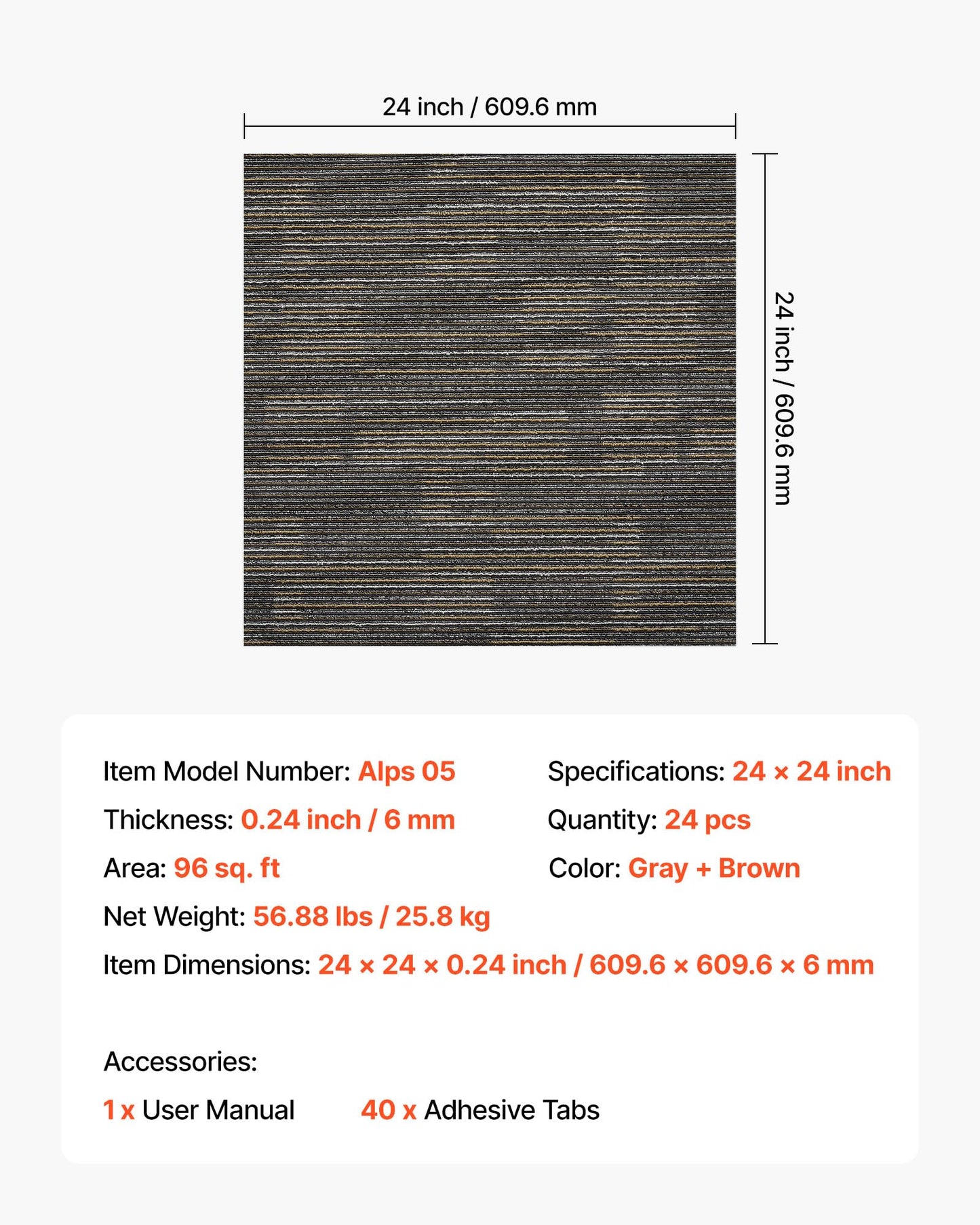 VEVOR Carpet Tiles Reusable 24x24 inch, 24 PCS Modular Carpet Square Rug, Commercial Floor Soft Padded for Seamless Cover 96sq.ft², Easy DIY for Living Room Bedroom Office Indoor,Gray & Brown