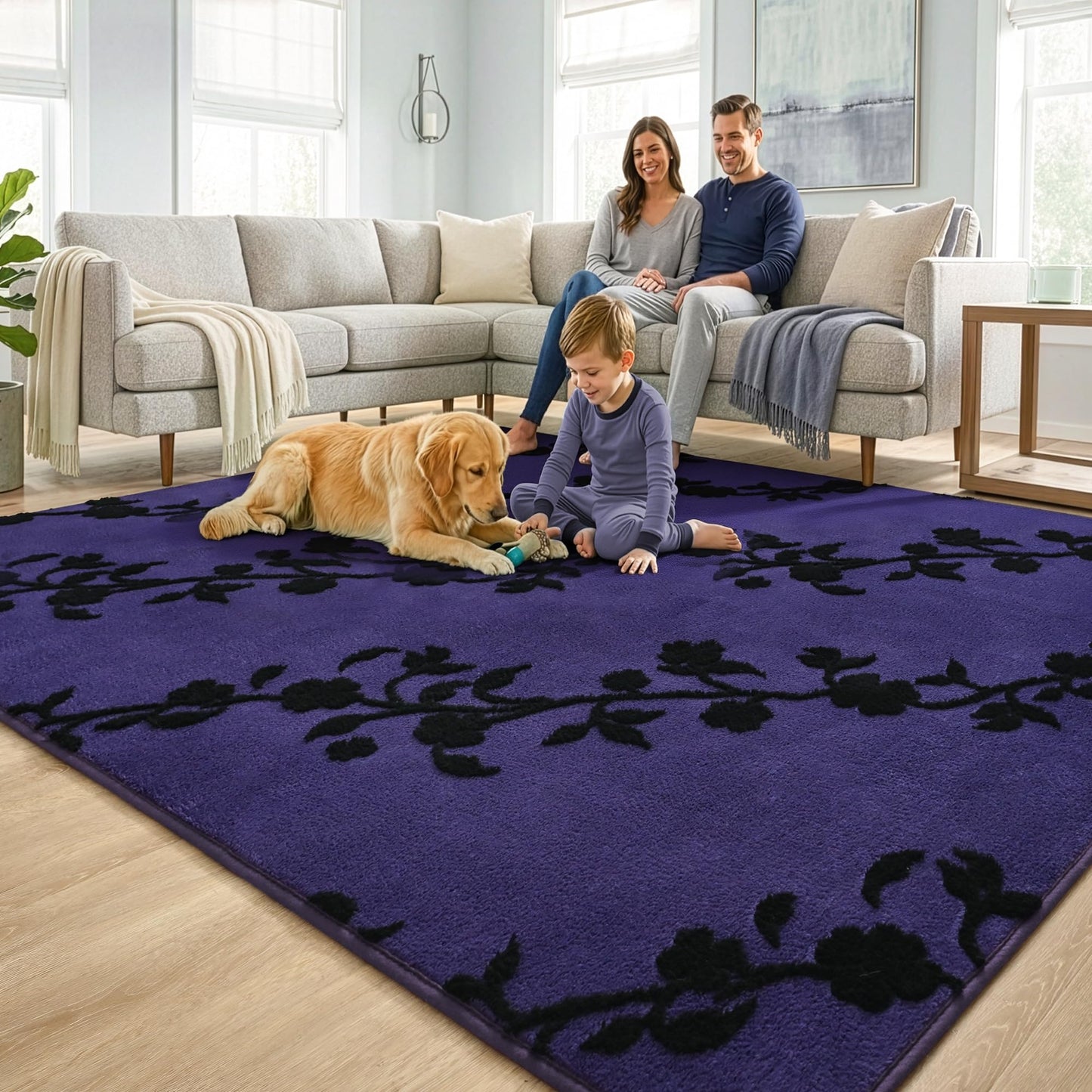 Opreine Area Rugs for Living Room Bedroom, 5x7 Feet Dark Purple Thickened Memory Foam Indoor Washable Rug, Black Flower Gothic Non-Slip Carpet for Girls Boys Padded Rugs Dorm Room Mat