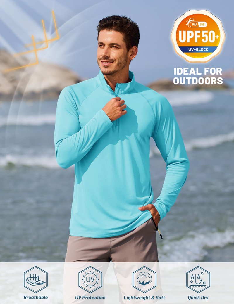TACVASEN Swim Shirts for Men Rash Guard SPF Shirt Long Sleeve UPF 50+ Sun Protection Athletic Quarter Zip Running T-Shirts Lake Blue XL