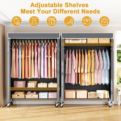ULIFHOME P6C Plus Rolling Clothes Rack with Cover, Covered Clothing Rack Heavy Duty, Portable Closet for Hanging Clothes, Garment Rack on Wheels, Black Closet Rack with Gray Cover, Max Load 375LBS