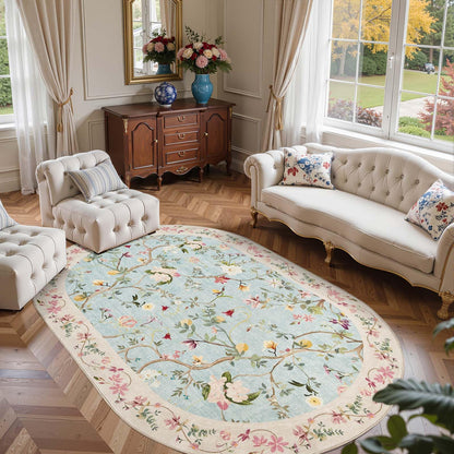 jinchan Floraison Floral 5x7 Oval Area Rug Washable Oriental Flower Design Non-Slip Lightweight Low-Pile Soft Chinoiserie Carpet for Living Room Bedroom Nursery Home Decor Blue/Pink