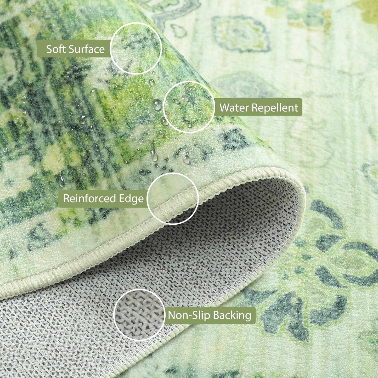Przemy Runner Rug for Bedroom, 2x6Ft Washable Non-Slip Area Rugs,Small Floral Carpet for Entryway Hallway Girls's Bedside Living Room, Green