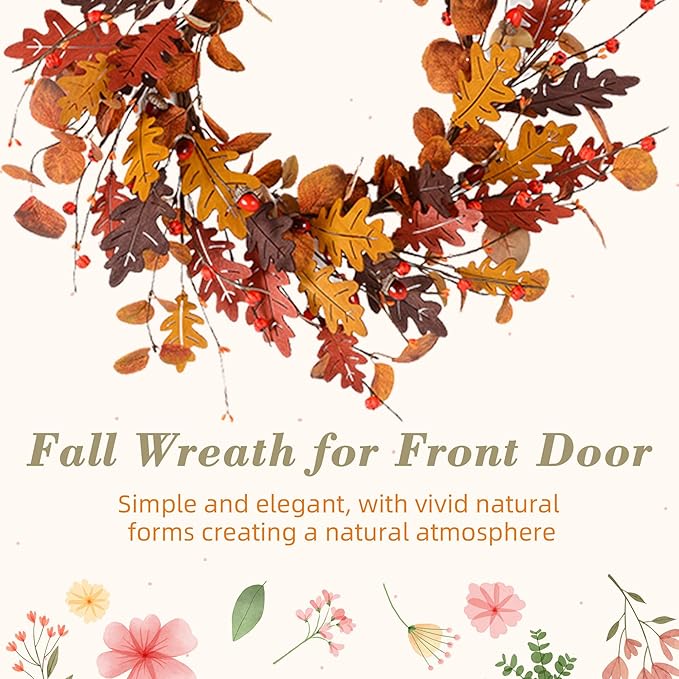 YNYLCHMX 18" Fall Wreaths for Front Door, Artificial Autumn Wreath, Fall Door Wreath with Eucalyptus Leaves and Berries for Home Porch Window Wall Farmhouse Decor, Indoor Outdoor, Holiday Decor