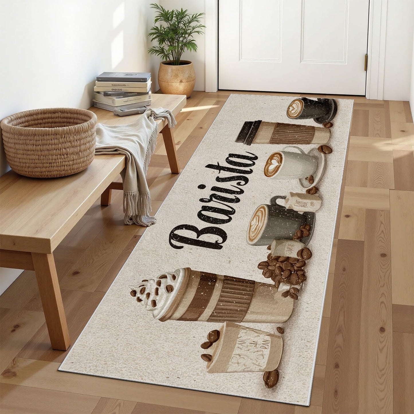 Barista Coffee Runner Rug for Hallway 3x10 Coffee Cup Kitchen Rugs Non Slip Washable, Farmhouse Cafe Latte Mocha Art Decor Carpet, Soft Low Pile Runner Rug for Entryway Laundry Living Room Bedroom