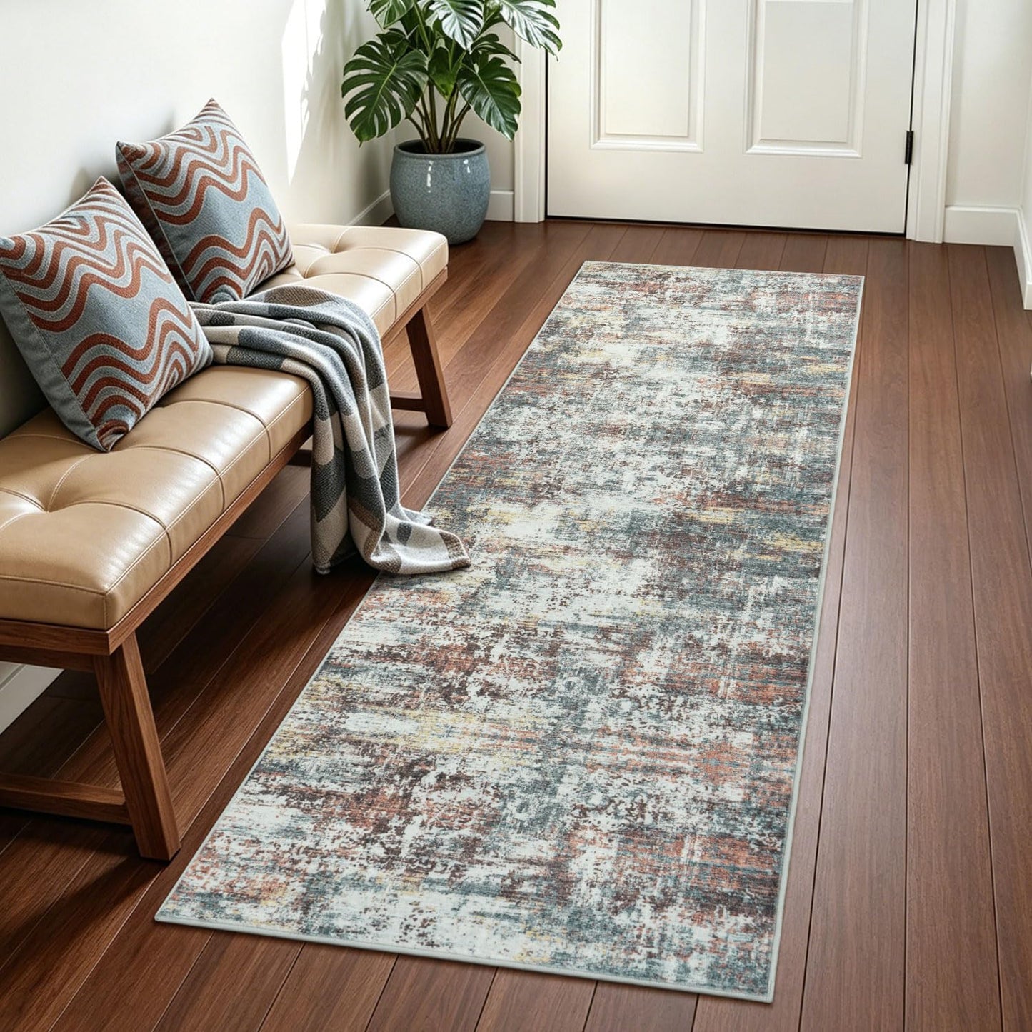 RUGVIGO 2x6 Runner Rug Non-Slip Washable, Red Runners for Hallway Kitchen Entryway Indoor, Soft Neutral Abstract Modern Farmhouse Carpet for Bedroom Laundry Room Decor