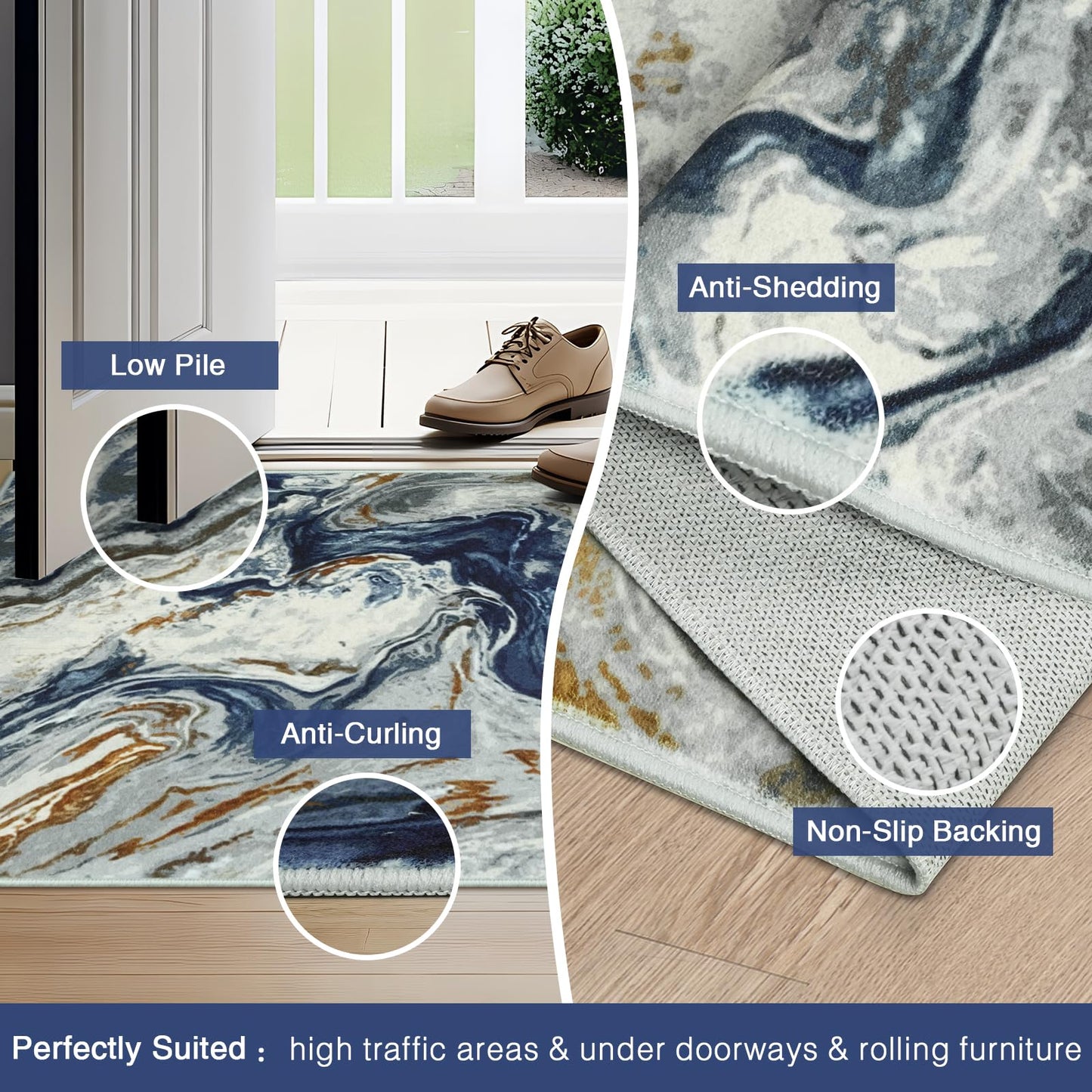 Hallway Runner Rug 2x8, Blue Washable Rug for Bedroom, Non Slip Soft Marble Kitchen Rugs, Abstract Low Pile Entryway Rugs, Stain Resistant Runner Carpet for Laundry Room Bathroom Closet